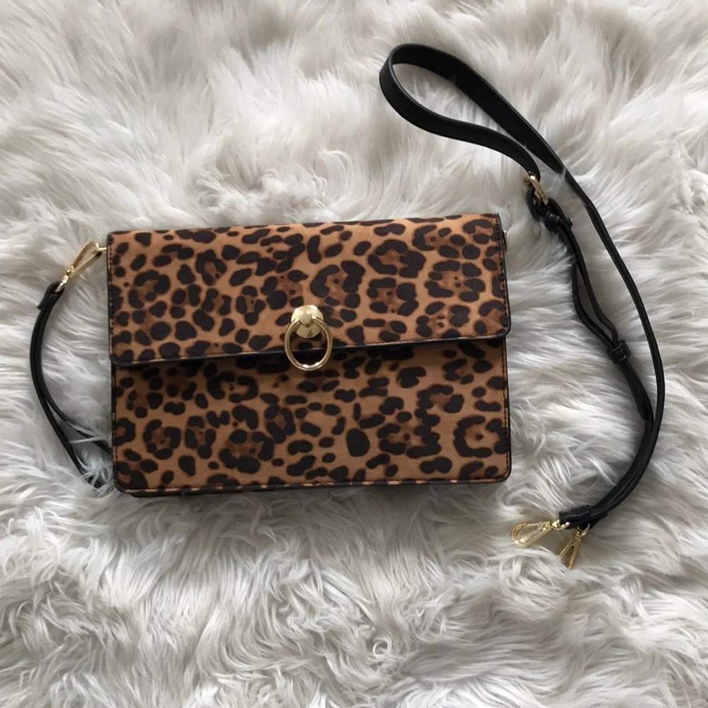 Sole Society Leopard Print Clutch in Tan and Black with Gold Hardware